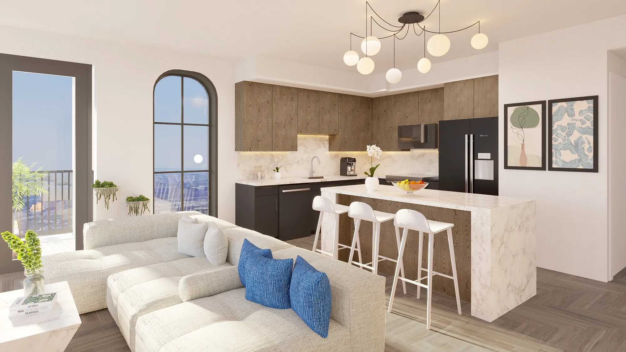 Rendering of a unit living room and kitchen
